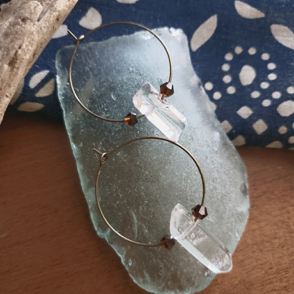 Handmade Clear Quartz x Brown Crystals on Antique Bronze Boho Bohemian Hoops